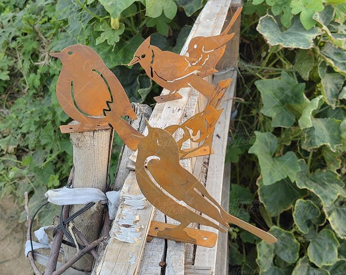 Set of 5 Rusty Metal Bird Garden Stakes, Hand-Forged Rust Patina Sculptures, Boho Cottagecore Decor, Metal Art Statue, Garden Ornaments