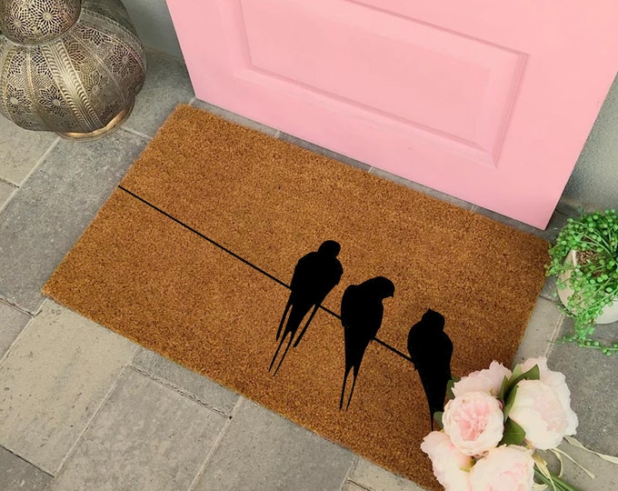Playful Bird Doormat, Personalised Front Door Mat, Custom Printed First Home, Funny Doormat, Natural Coir