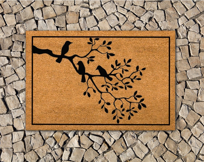 Birds Playing In The Tree Doormat, Personalize Doormat, Welcome Mat, Cool Doormat, Custom Coir Door Mat For Front Door, Housewarming Gift