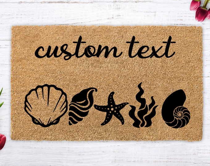 Sea Shore Beach Shells Coir Doormat, Entry Mat, Housewarming Gift, Newlywed Gift, Conch Shell Doormat, Seashell Doormat, Beach Doormat