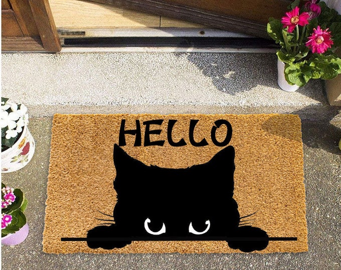 Black Cat Bombay Hello, Custom Door Mat For Front Door, Personalized Custom Doormat, Personalized Gift, Cute Cat Peeking Doormat