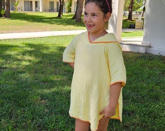 4 Layers Muslin %100 Cotton Hooded Kids Poncho Yellow Colour