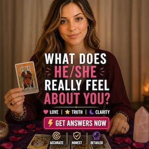 Puede incluir: Imagen de una mujer sosteniendo una carta del tarot con el texto "WHAT DOES HE/SHE REALLY FEEL ABOUT YOU?" y las palabras "LOVE | TRUTH | CLARITY". La imagen también incluye el texto "GET ANSWERS NOW".