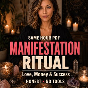Puede incluir: Un documento digital titulado SAME HOUR PDF MANIFESTATION RITUAL Love, Money & Success HONEST NO TOOLS. El texto se superpone a una escena con una persona vestida de negro, rodeada de velas encendidas, varios cristales y hierbas secas.