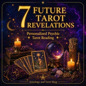 Puede incluir: Imagen promocional de lecturas de tarot. La imagen presenta cartas de tarot, una bola de cristal, velas y el texto "7 Future Tarot Revelations" y "Personalized Psychic Tarot Reading". La paleta de colores es azul oscuro y morado.