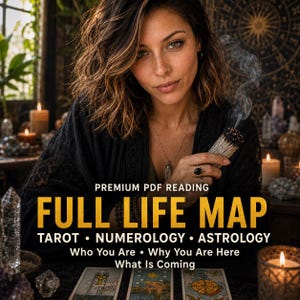 May include: A digital product listing for a premium PDF reading titled FULL LIFE MAP, featuring tarot, numerology, and astrology services. The text includes Who You Are, Why You Are Here, and What Is Coming, presented with a mystical aesthetic.