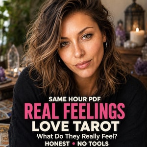 Puede incluir: Un anuncio de servicio digital con el texto: SAME HOUR PDF, REAL FEELINGS, LOVE TAROT, What Do They Really Feel?, HONEST • NO TOOLS. La imagen muestra a una persona con cabello castaño ondulado hasta los hombros y una prenda negra.