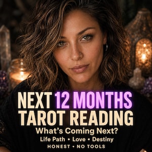 May include: A person with wavy brown hair and green eyes, overlaid with text that reads: NEXT 12 MONTHS TAROT READING, What's Coming Next?, Life Path • Love • Destiny, HONEST • NO TOOLS. The background features soft, warm, out-of-focus lighting.