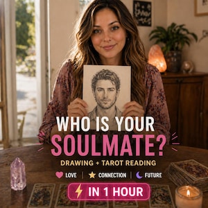 Puede incluir: Imagen de una mujer sosteniendo un dibujo de un hombre, con el texto "WHO IS YOUR SOULMATE?" e información sobre dibujos y lecturas de tarot. La imagen incluye cartas del tarot, un cristal y una vela encendida.
