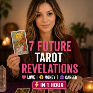 Puede incluir: Una mujer sostiene una carta del tarot con una ilustración del sol. La imagen presenta el texto "7 Future Tarot Revelations" con iconos de amor, dinero y carrera, y la frase "In 1 Hour". El tema general es la adivinación.