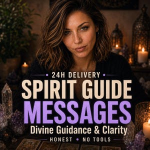 Puede incluir: Un gráfico digital con el texto 24H DELIVERY SPIRIT GUIDE MESSAGES Divine Guidance & Clarity HONEST NO TOOLS. El fondo muestra a una persona con cabello castaño ondulado, velas encendidas y varios cristales sobre una superficie de madera.