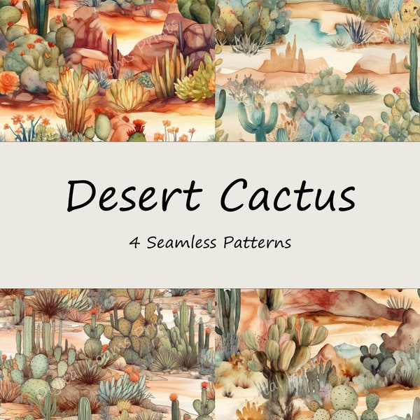 Desert Cactus - 4 Seamless Repeating Digital Patterns, Desert Background, Cactus Digital Paper, Watercolor Succulent, Scrapbook, Download