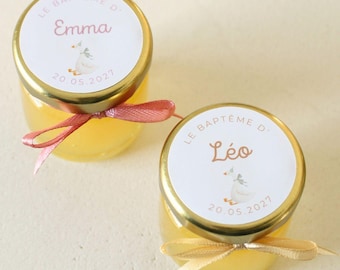 Goose Christening Honey Pot - Personalized Party Favor - Small Jar of Handmade French Honey - With or without Wooden Spoon - Table Decoration