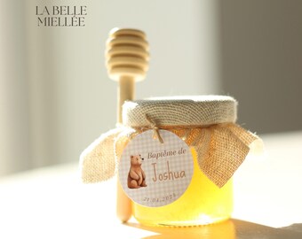 Personalized little honey jars, teddy bear christening table decoration, guest favor with fabric
