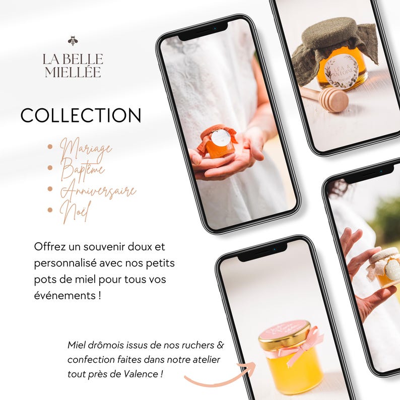 May include: The image displays small honey jars, shown on smartphone screens. The jars feature different lid styles, including pink and green fabric. Text on the image includes "LA BELLE MIELLEE" and "COLLECTION", with event options such as "Mariage" and "Noel".