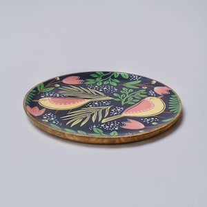 Wooden Plate Tropical Bird Design Enamel Coated, Colorful Twilight Theme, Durable & Decorative Kitchen Dining Serveware