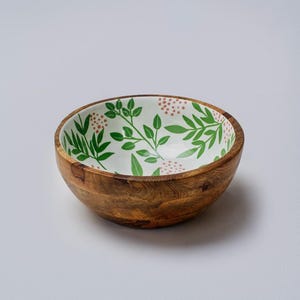 Fruttiera in legno con fogliame tropicale, piccola ciotola fatta a mano, portafrutta decorativo, stoviglie ecologiche