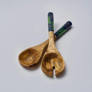 Wooden Salad Server | Wooden Spoon and Fork Set Twilight Bird Design Hand Carved Kitchen Utensils Gift Eco Friendly Cooking Tools