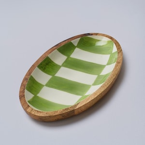 Houten bord groen geruite ovale houten serveerschaal groot - rustiek keukenblad, decoratieve schotel, uniek interieur