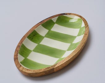 Wooden Plate Green Chequered Oval Wooden Serving Plate Large - Rustic Kitchen Tray, Decorative Platter, Unique Home Decor