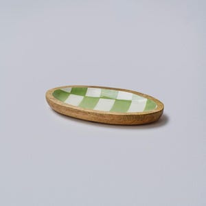 Wooden Plate and Serving Platter Small Green Chequered Oval - Handcrafted Decorative Serving Tray & Eco-Friendly Kitchenware
