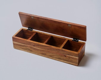 Boîte à thé rustique en bois d'acacia | Organiseur de sachets de thé à 4 compartiments