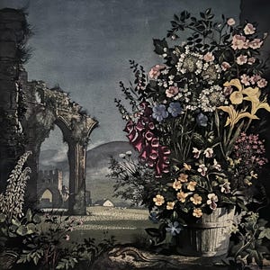 Puede incluir: Una pintura de un ramo de flores en un cubo de madera, con un fondo de un arco de piedra y un paisaje distante. Las flores incluyen dedaleras, lirios y otras flores silvestres en tonos de rosa, amarillo, azul y blanco.
