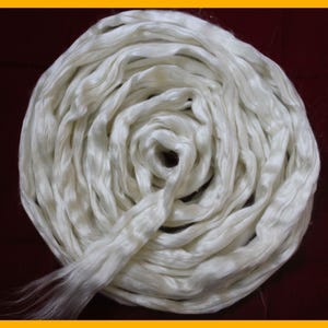 May include: A coiled bundle of creamy white silk fibres. The fibres are arranged in a spiral, with a central void. The silk has a soft, shiny appearance, indicating a high-quality textile material.