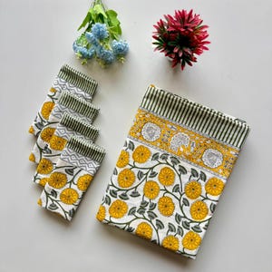 Floral Block Print Tablecloth, 100% Cotton Bohemian Table Decor