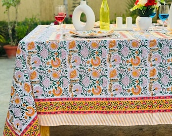 Katoenen tafelkleed met Indiase bloemenblokprint, vintage Franse stijl