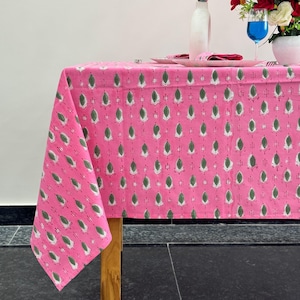 Floral Block Print 100% Cotton Tablecloth, Boho Farmhouse Decor