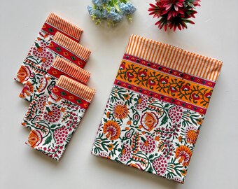 Handblok bedrukt tafelkleed, bloemen boho eettafelhoes