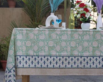 Hand Block Printed Cotton Tablecloth - Sage Green Floral Dining Table Cover