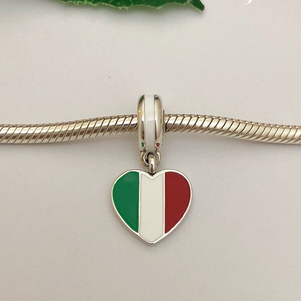 Italy Heart Flag Dangle Charm • S925 Sterling Silver Charm for Pandora Bracelet • Necklace Pendant • Gift for Her • Come with A Box