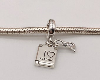 Ich liebe Lese Buch & Brille Baumeln Charme • 925 Sterling Silber Charm für Pandora Armband • Halsketten-Anhänger • Geschenk für Sie • Kommen in Box