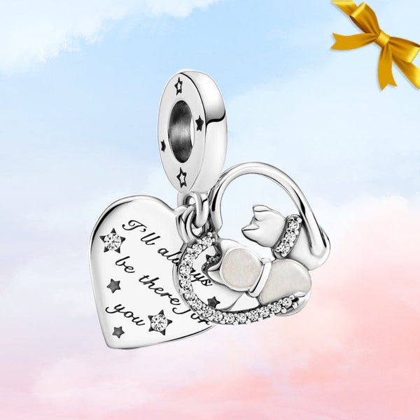 Katzen & Herzen baumeln Charme • Neuer echter S925 Sterling Silber Pandora Charm für Armband • Halsketten-Anhänger • Geschenk für Katzenliebhaber