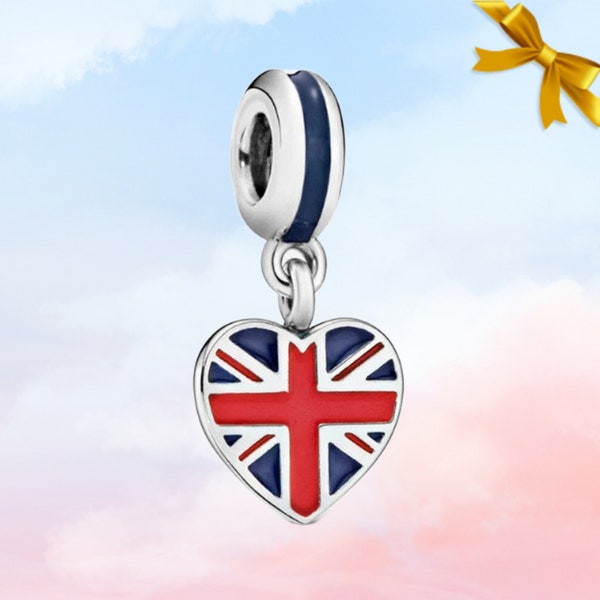 Breloque pendante coeur Union Jack de Grande-Bretagne • Nouvelle breloque en argent véritable S925 pour bracelet Pandora • Collier avec pendentif • Livré avec une boîte