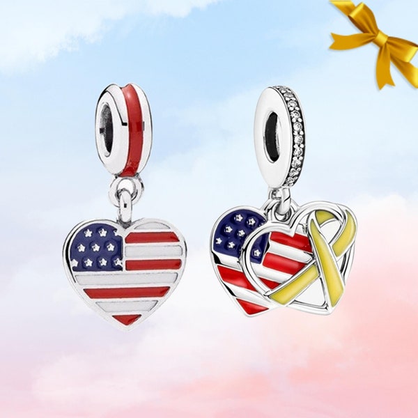 Pendentif drapeau américain coeur • Nouveau pendentif en argent sterling S925 véritable pour bracelet Pandora • Collier pendentif • Cadeau pour elle • Livré dans une boîte