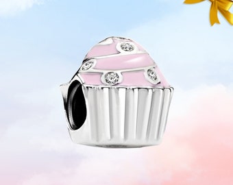 Rosa Cupcake Charme • Neuer echter S925 Sterling Silber Anhänger für Armband • Halsketten-Anhänger • Bestes Geschenk für sie