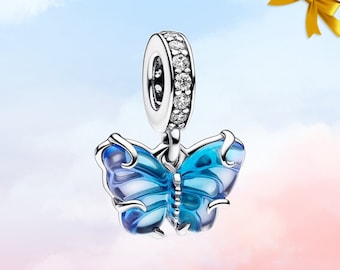 Ciondolo pendente a forma di farfalla in vetro di Murano blu • Nuovo ciondolo autentico in argento sterling S925 per bracciale Pandora • Collana pendente • Regalo per lei