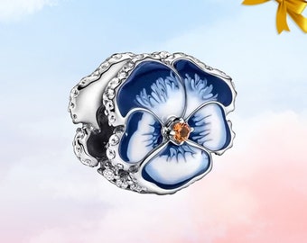 Ciondolo fiore viola del pensiero blu • Nuovo ciondolo autentico in argento sterling S925 per bracciale Pandora • Collana pendente • Miglior regalo per lei