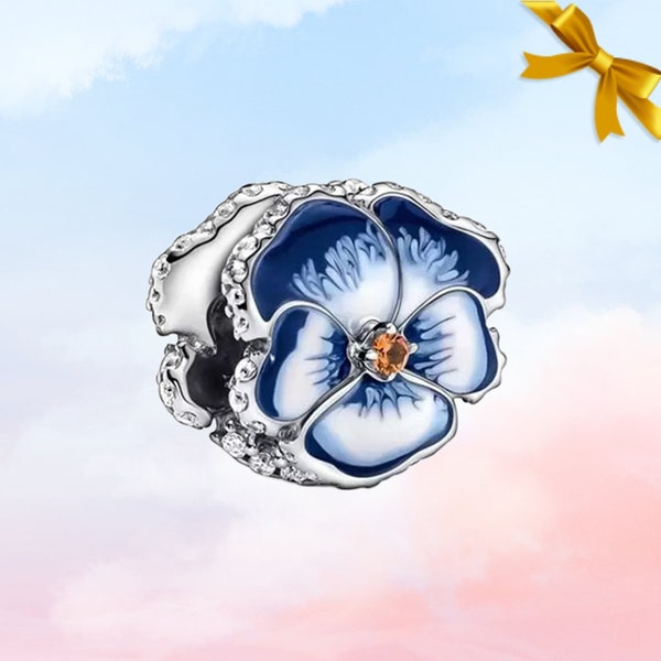 Blue Pansy Flower Charm • New Genuine S925 Sterling Silver Charm for Pandora Bracelet • Necklace Pendant • Best Gift for Her