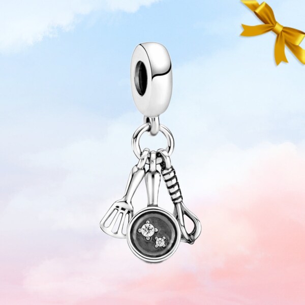 Spatula,Frying Pan & Whisk Dangle Charm • New Genuine S925 Silver Charm for Pandora Bracelet • Necklace Pendant • Cooking Gifts for Her