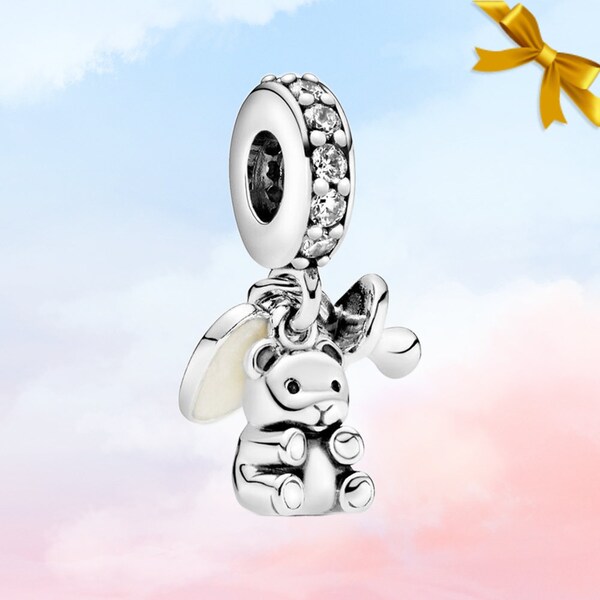 Breloque pendentif bébé ours en peluche • Cadeau pour nouvelle maman • Véritable breloque Pandora en argent sterling S925 pour bracelet • Pendentif collier