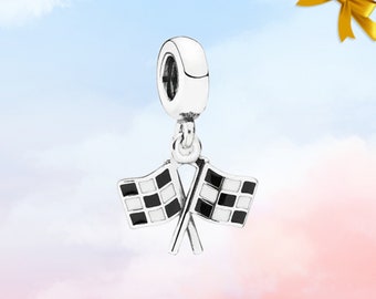 Breloque pendante drapeau à damier Racing Line • Nouvelle breloque en argent sterling S925 véritable pour bracelet • Collier pendentif • Livré avec une boîte