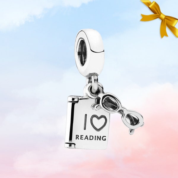 Charm J'aime lire un livre et des lunettes • Nouveau charm en argent sterling véritable S925 pour bracelet Pandora • Collier avec pendentif