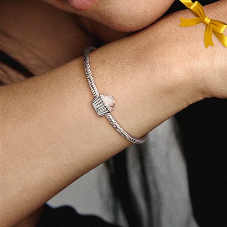 Rosa Cupcake Charme Neuer echter S925 Sterling Silber Anhänger für Armband Halsketten-Anhänger Bestes Geschenk für sie Bild 4