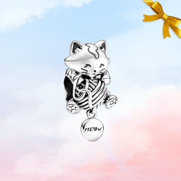 Charm chaton et pelote de laine • Cadeau pour amoureux des chats • Nouvelle breloque en argent sterling véritable pour bracelet Pandora • Collier à pendentif • Cadeau pour les amoureux des chats