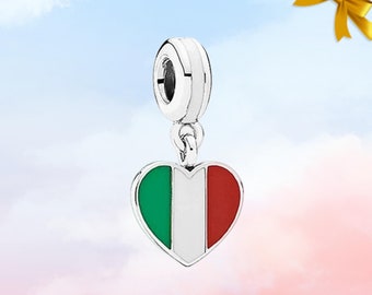 Dije colgante con la nueva bandera de Italia en forma de corazón • Dije para pulsera de plata de ley S925 auténtica • Colgante para collar • El mejor regalo para ella