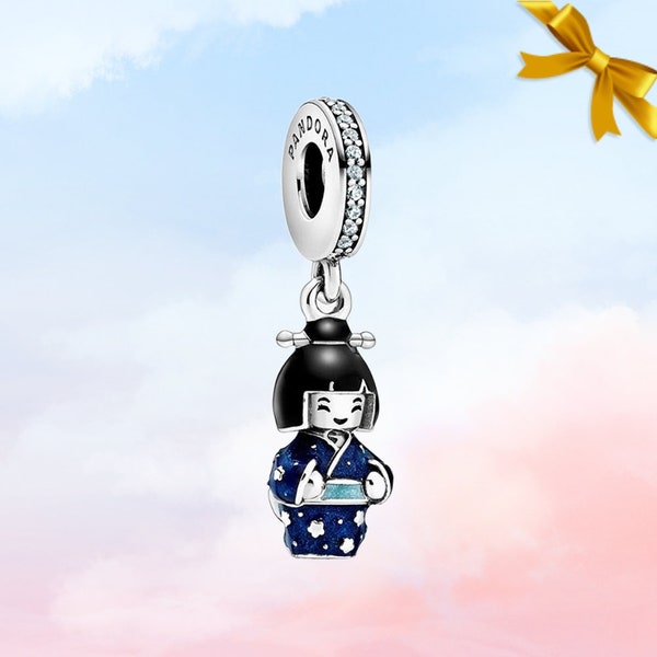 Charm pendentif poupée japonaise en kimono bleu • Nouveau véritable charme en argent sterling S925 pour bracelet Pandora • Pendentif collier • Cadeau pour elle